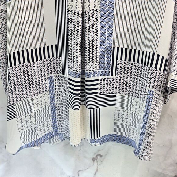 Rose And Olive Top Womens 2X Blue White Blouse Button Up Striped Patchwork - Picture 7 of 12